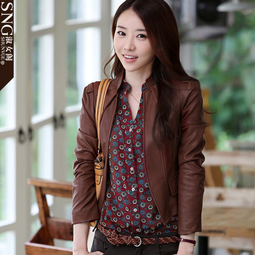 Sng spring leather clothing coat Women 2013 leather jacket motorcycle leather clothing short slim design