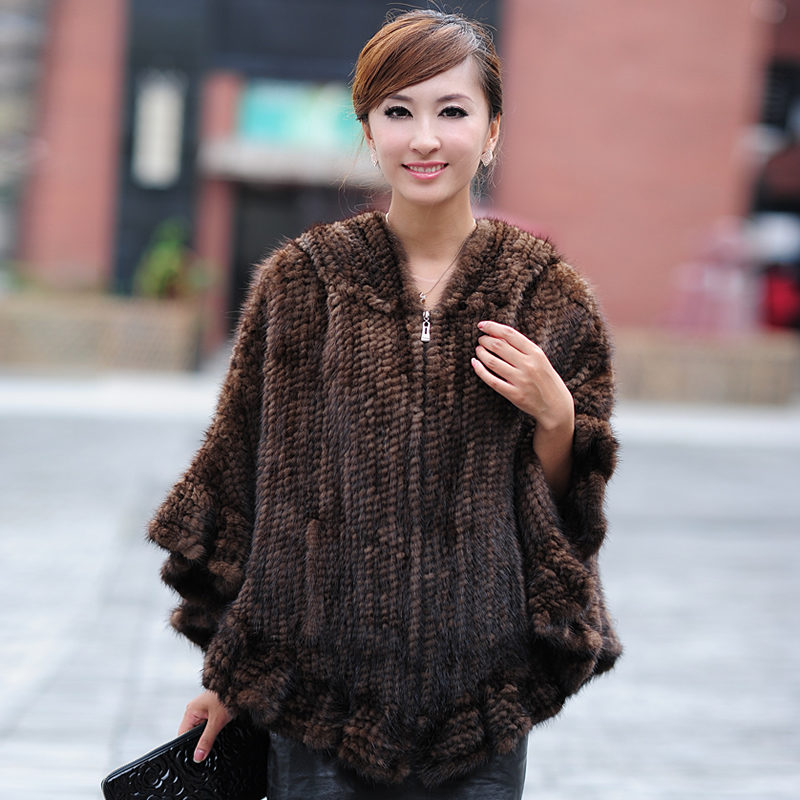 So elegant 2013 brown Mink fur knitted cape front zipper geninue mink fur cape ems free shipping mink overcoat hoodies