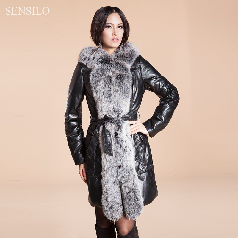 So gorgeous Leather overcoat 2013 female sheepskin leather coat large fox fur neckline down coat medium-long overcoat