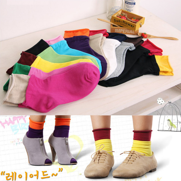 Socks candy color female sock colorant match faux two piece roll-up hem pile of pile of socks w06