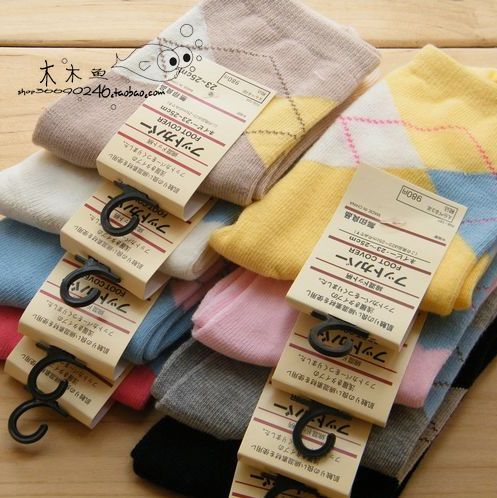 Socks female cotton socks spring and autumn female socks big dimond plaid double