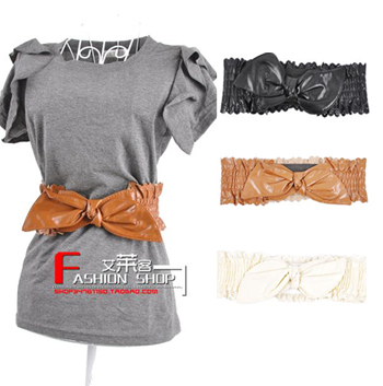 Soft leather bow cutout floral cummerbund elastic waist skirt female cutout belt