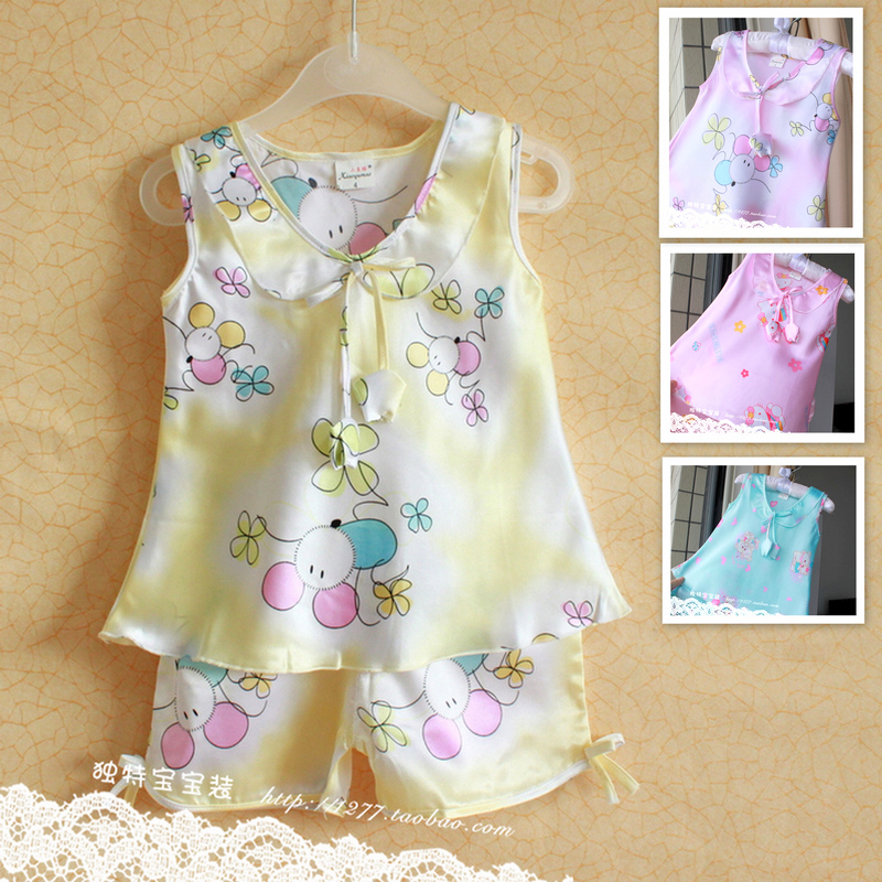 Soft silk female child sleep set summer cool sleeveless dress top shorts twinset