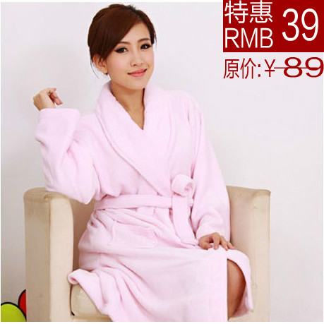 Solid color autumn and winter thickening coral fleece bathrobe women's coral fleece robe sleepwear lovers sleepwear