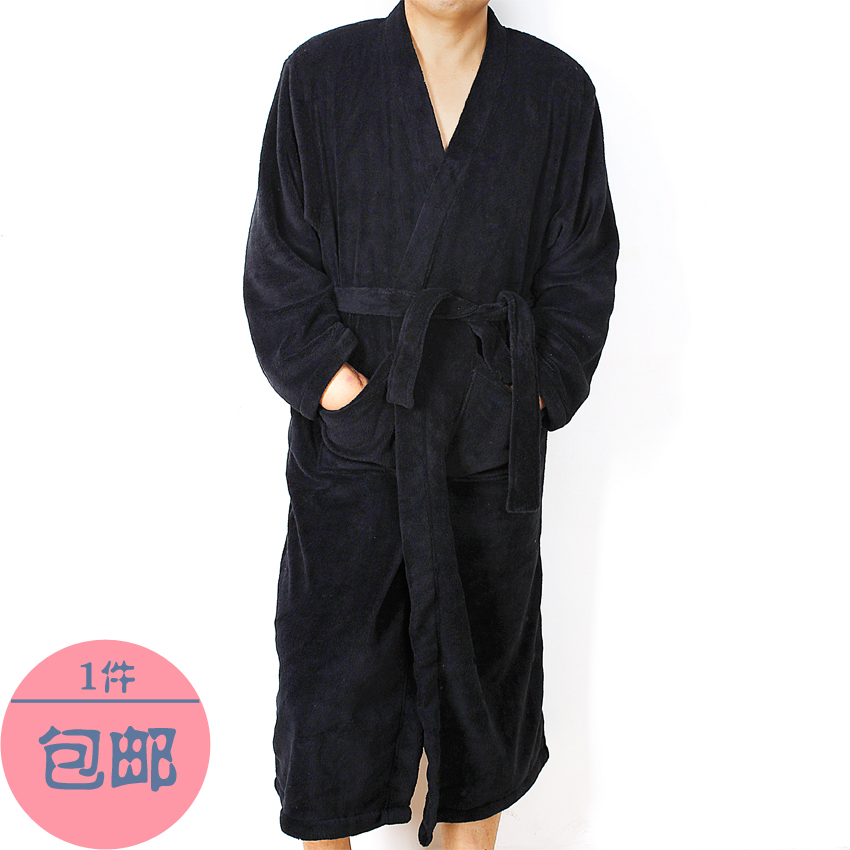 Solid color dark color coral fleece lacing long design male lounge robe sleepwear bathrobes