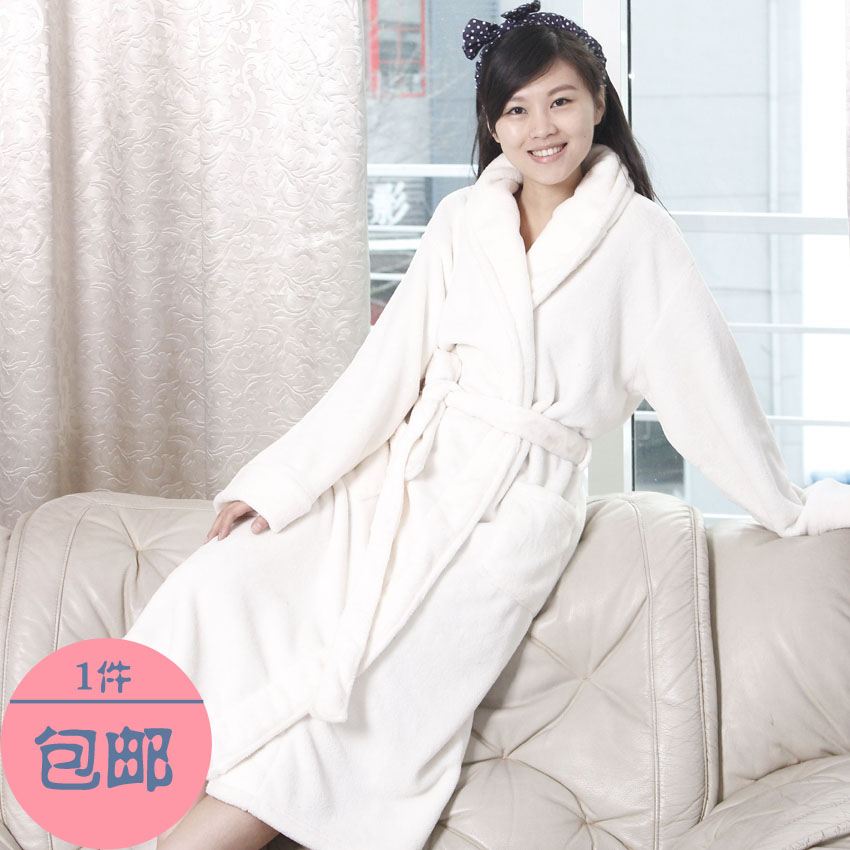 Solid color milky thickening coral fleece autumn and winter lacing long design female lounge robe sleepwear