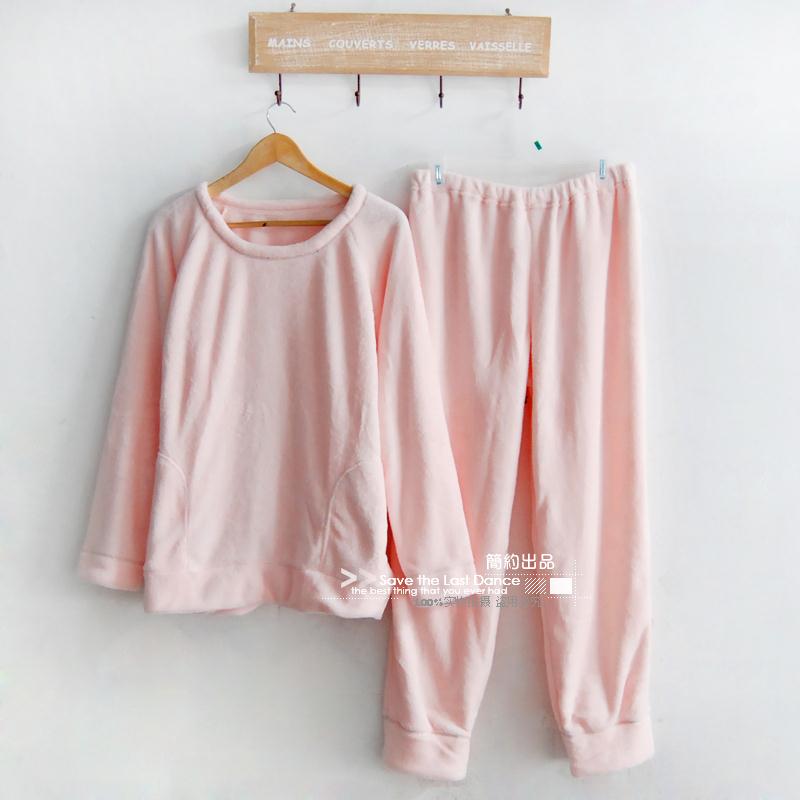 Solid color reentrant pants o-neck coral fleece sleep set lounge autumn and winter women