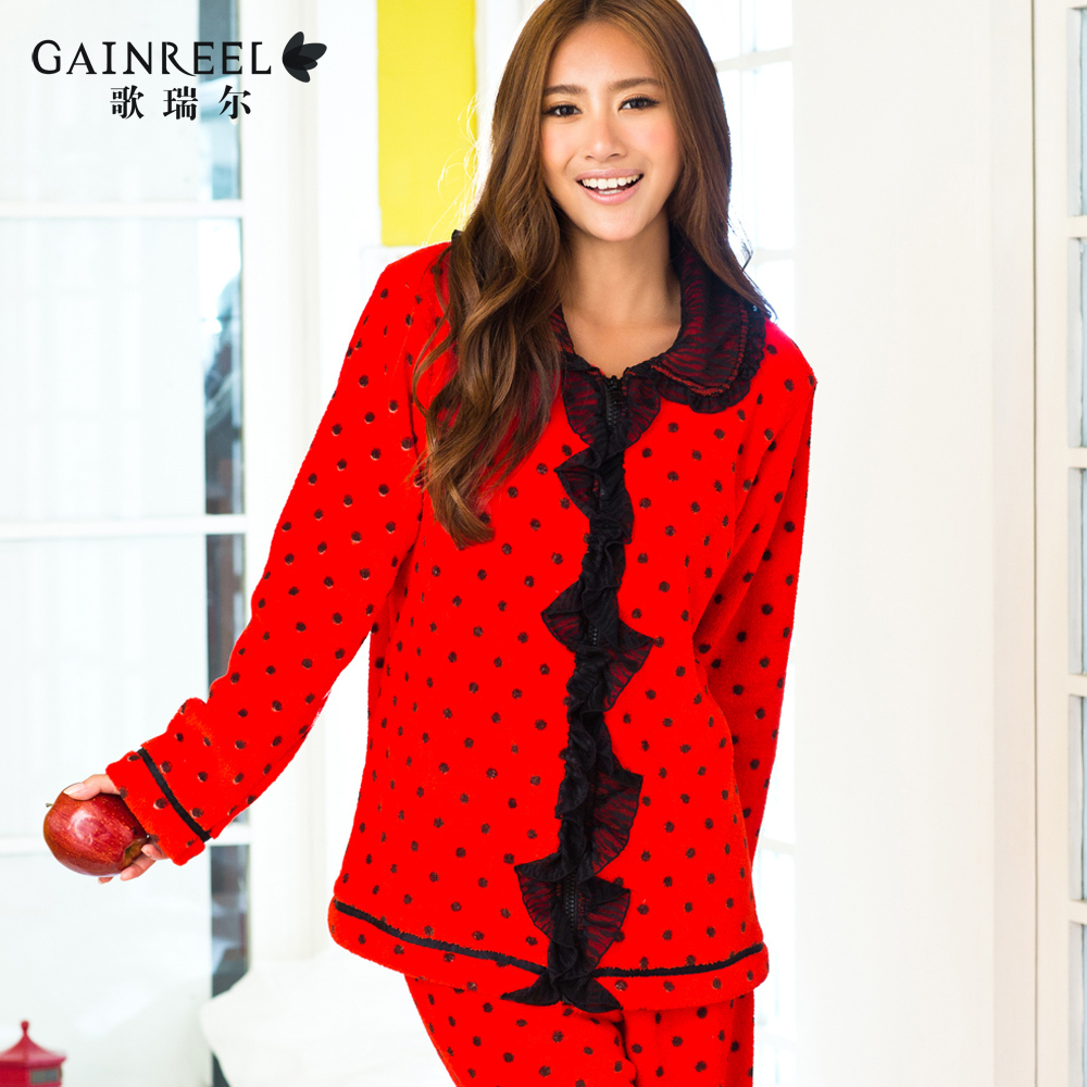 Song arrail honey Women coral fleece red polka dot sleepwear married princess lounge set