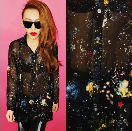 SP-009 new tops 2013 women transparent Chiffon blouse Space print galaxy Shirt Summer t shirt Free Shipping