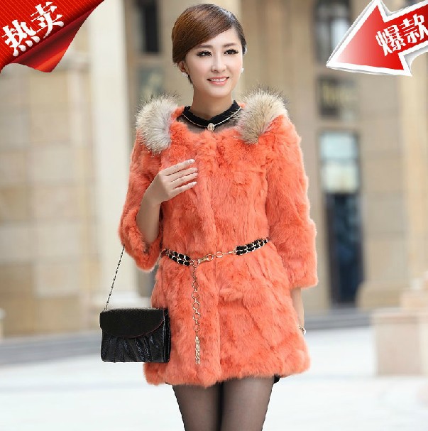 Special Clearance 2012 New Fur Coat Rabbit Fur Fight Skin Raccoon Fur Collar Slim And Long Sections Women