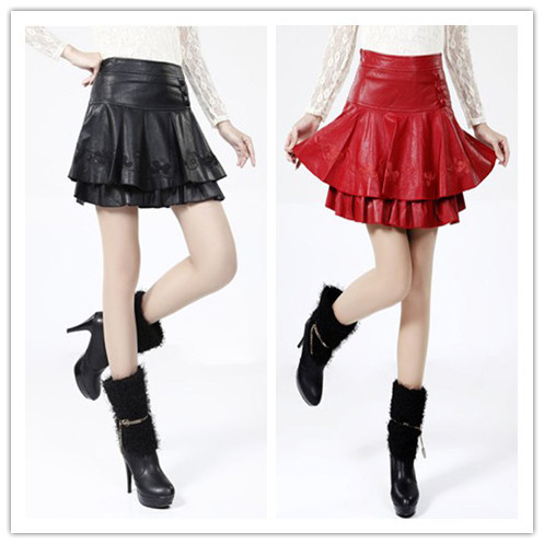 Special Design Embroidery Flower PU Leather Skirts Two-layer Ruffles Cake Ball Gown Mini Skirt for Women