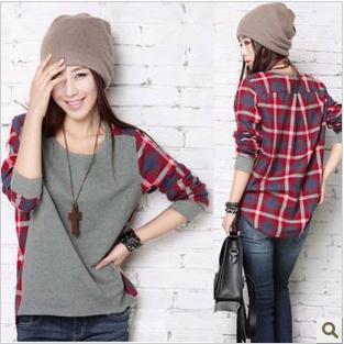 Special Offer Free Shipping 2013 Casual Stylish Of  Ladies' Short Length Plaid T-Shirt With Knitwear Split Joint 2 colors 1577