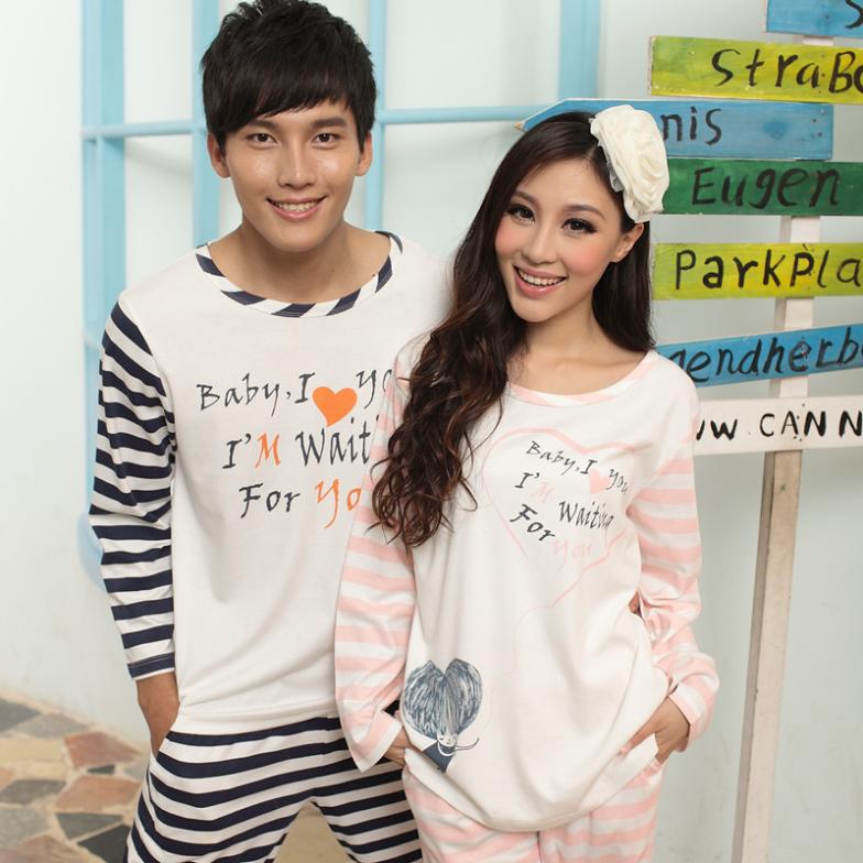 Special offer new autumn long sleeve knit cotton cute cartoon men and women lovers pajamas leisure wear two piece