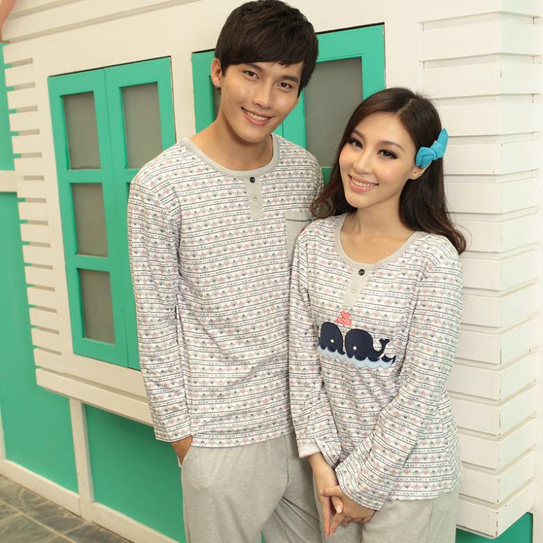 Special offer new autumn long sleeve knit cotton cute cartoon men and women lovers pajamas leisure wear two piece