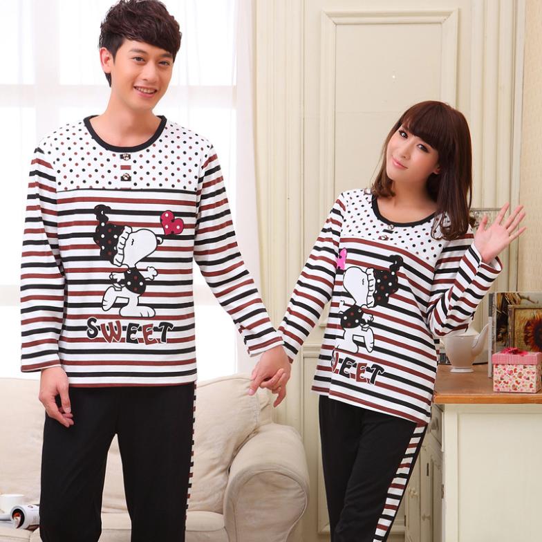 Special offer new autumn long sleeve knit cotton cute cartoon men and women lovers pajamas leisure wear two piece