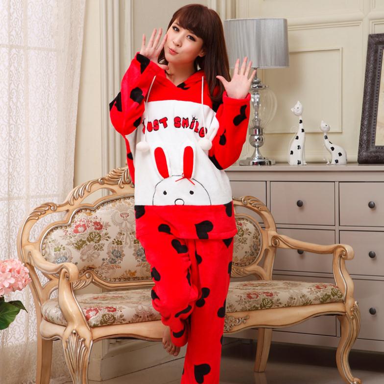 Special offer new winter long sleeve coral fleece cute cartoon ladies pajamas leisure wear two piece