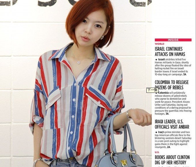 Special summer new lady long-sleeved lattice blouses Korea loose long shirt striped short-sleeved shirts Free shipping