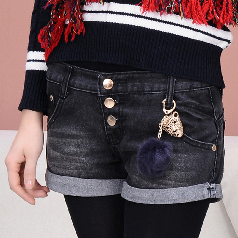 Spherule black breasted fur mid waist autumn and winter denim shorts female all-match jeans female