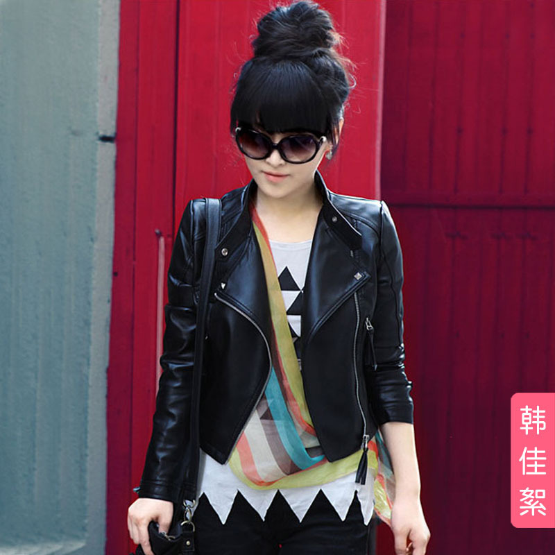 Spring 2012 sheep coat design short motorcycle jacket women's slim PU clothing