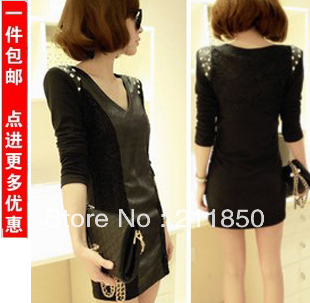 Spring 2013 dress sexy slim hip beading leather long-sleeve spring one-piece dress