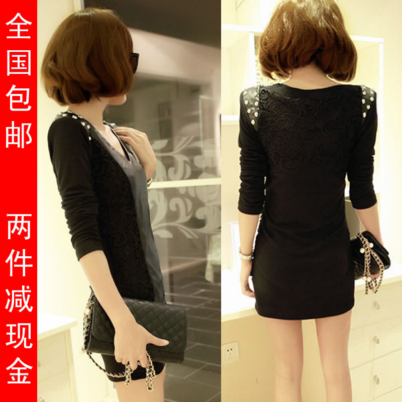 Spring 2013 dress sexy slim hip leather skirt beading long-sleeve spring one-piece dress