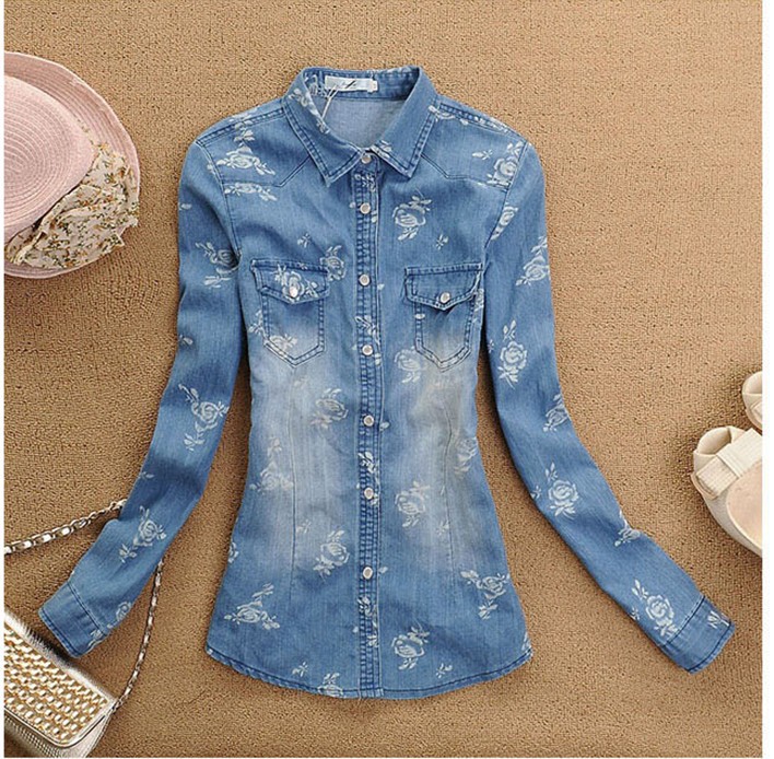 Spring 2013 han edition cultivate one's morality design printed denim shirt cowboy long sleeve blouse