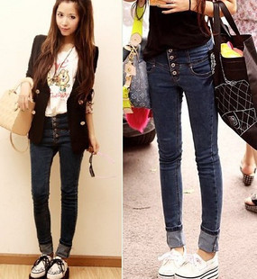 Spring 2013 high waist buttons tight jeans female dark color skinny pants trousers