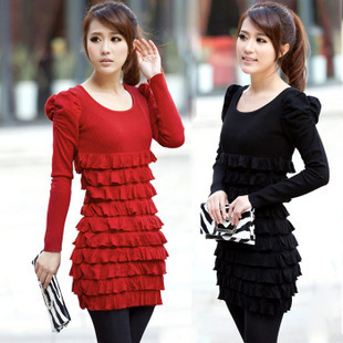 Spring 2013 medium-long o-neck puff sleeve sweater dress slim basic sweater female Free Shipping