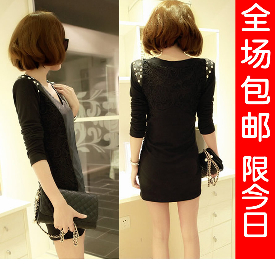 Spring 2013 spring dress sexy slim hip leather skirt beading long-sleeve spring one-piece dress