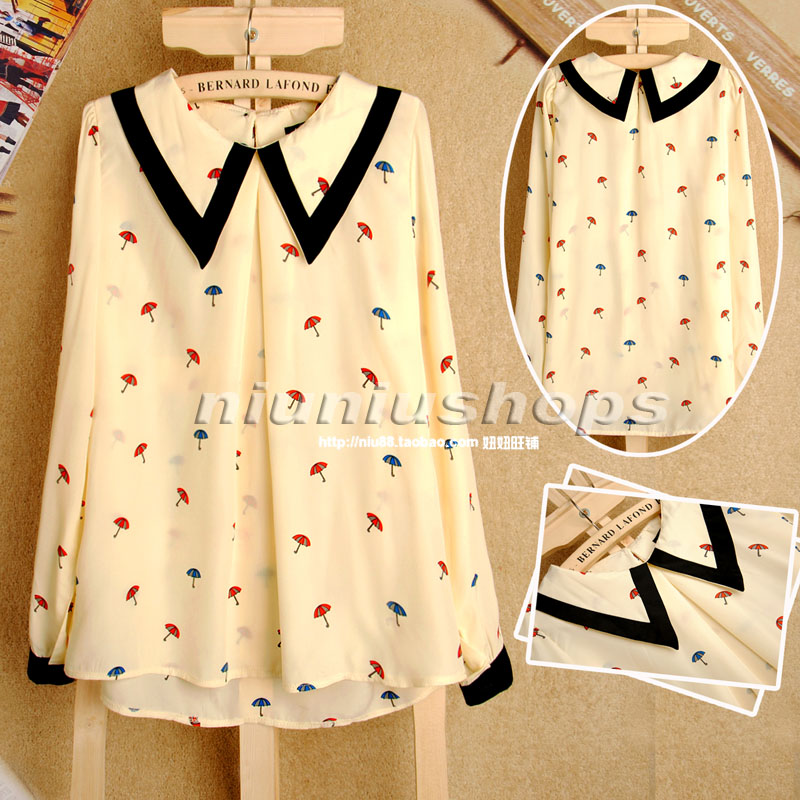 Spring 2013 turn-down collar umbrella pattern loose long-sleeve chiffon shirt long shirt female