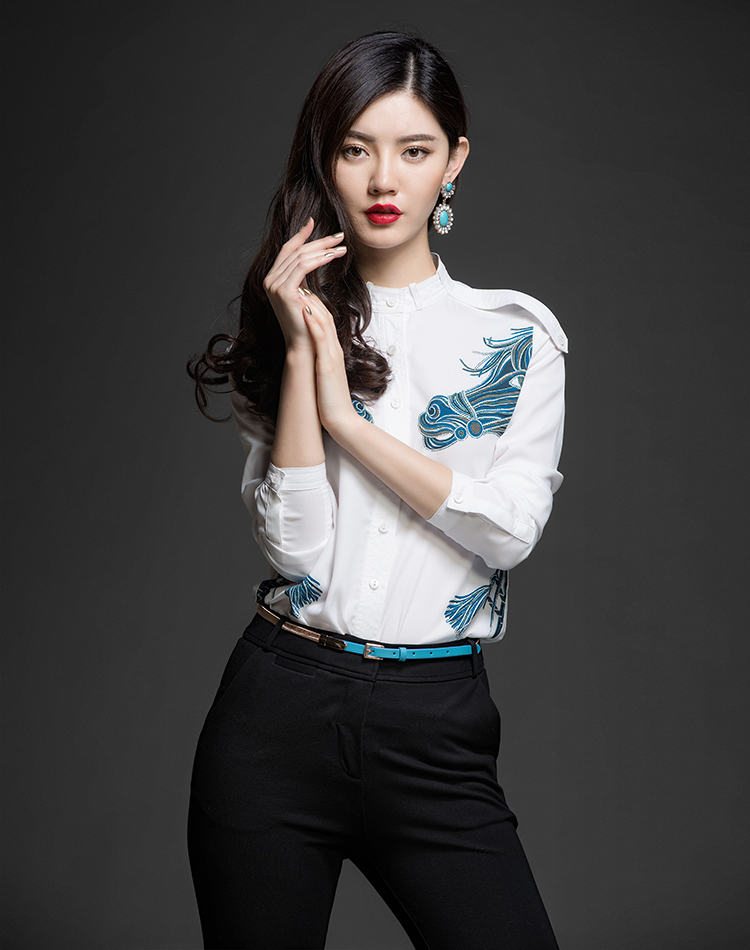 Spring 2013 white shirt long-sleeve slim stand collar horse vintage print shirt women's