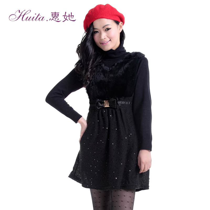 Spring 2013 Women gentlewomen leather cape hare wool one-piece dress V-neck bow knitted short skirt