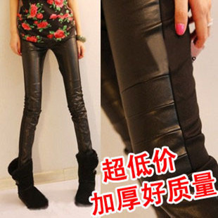 Spring 2013 women's black colorant match faux leather pants boot cut jeans pants pencil legging