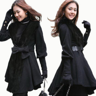 Spring 2013 women's black woolen outerwear fox fur overcoat wool winter wool coat