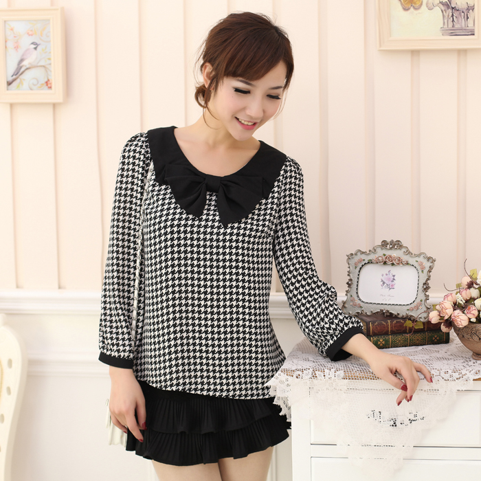 Spring 2013 women's houndstooth wrist-length bow pleated sleeve chiffon shirt top cf1-4