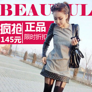 Spring 2013 women's leather mosaic long-sleeve basic shirt woolen plus size slim one-piece dress