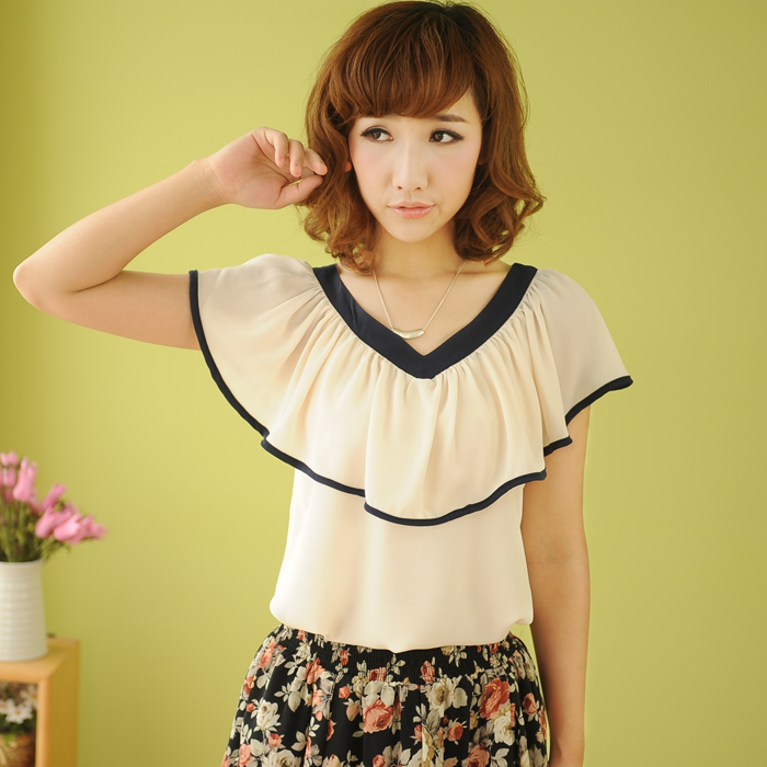 Spring 2013 women's nude color V-neck ruffle sleeveless loose chiffon shirt top p4-4