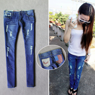 Spring all-match denim straight hole jeans casual female skinny low-waist pants loose