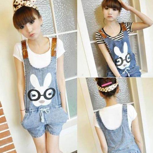 Spring all-match one piece denim shorts glasses rabbit drawstring denim bib pants