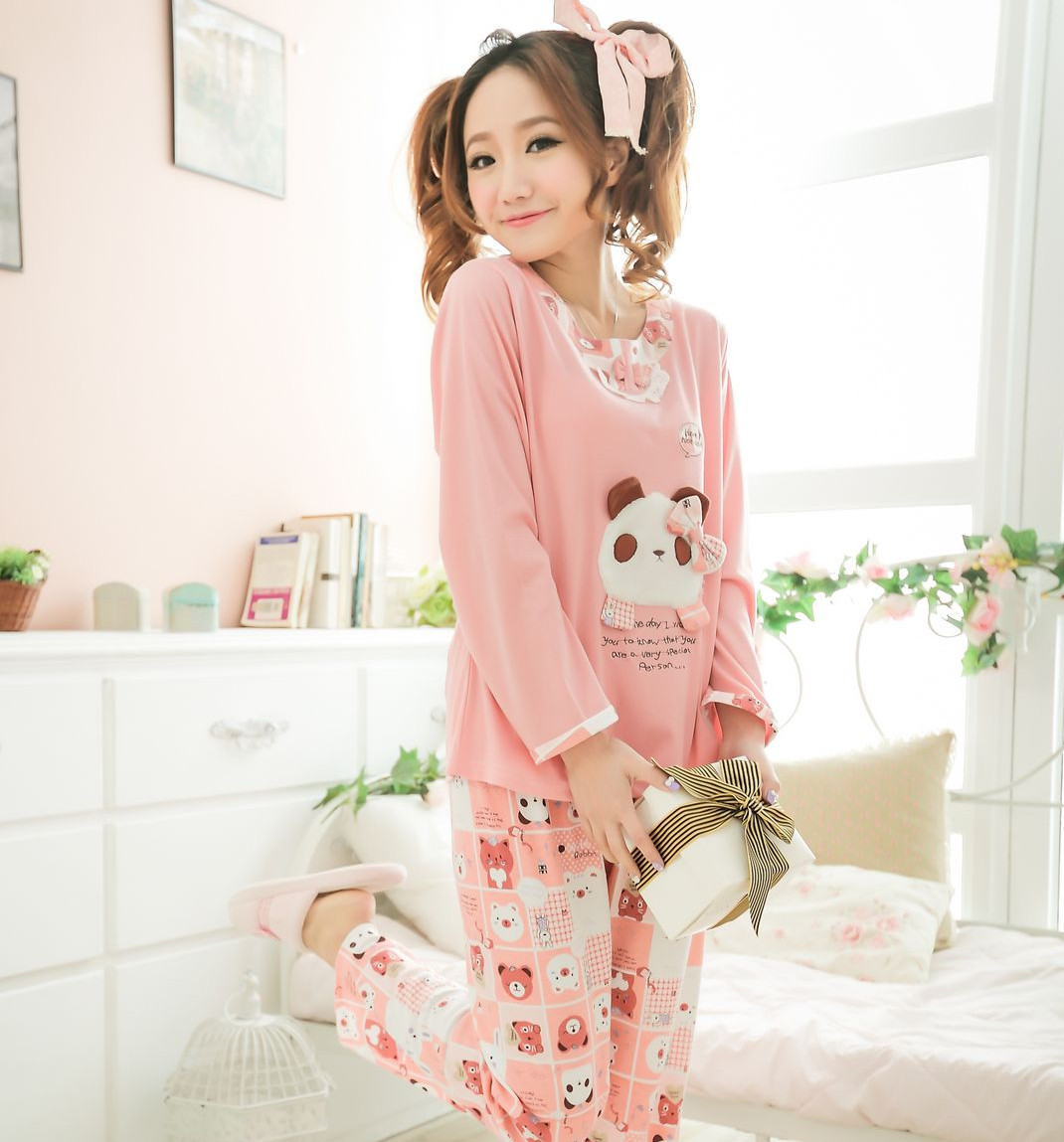 Spring and autumn 100% cotton cartoon panda sleepwear 100% cotton sleepwear female long-sleeve lounge sweet