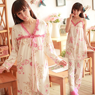 Spring and autumn 100% cotton long-sleeve sleepwear female lounge sleepwear three pieces set female at home service four seasons