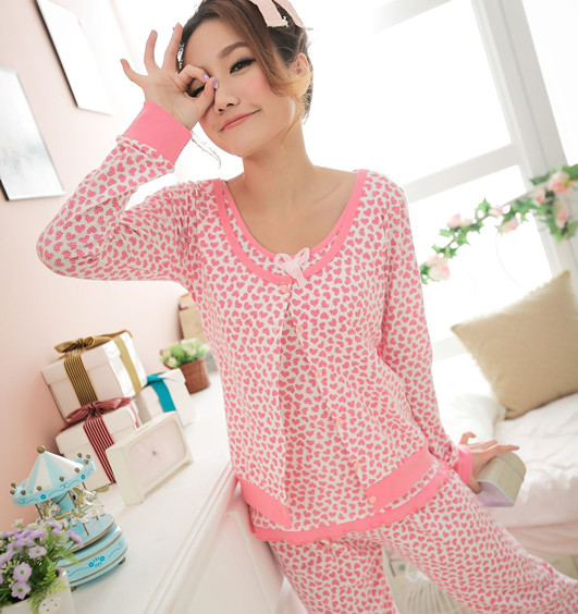 Spring and autumn 100% cotton long-sleeve sleepwear heart three pieces set female sexy charming