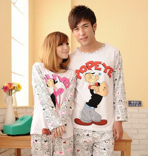 Spring and autumn 100% cotton long-sleeve thickening male women's cartoon POPEYE lovers sleepwear lounge set