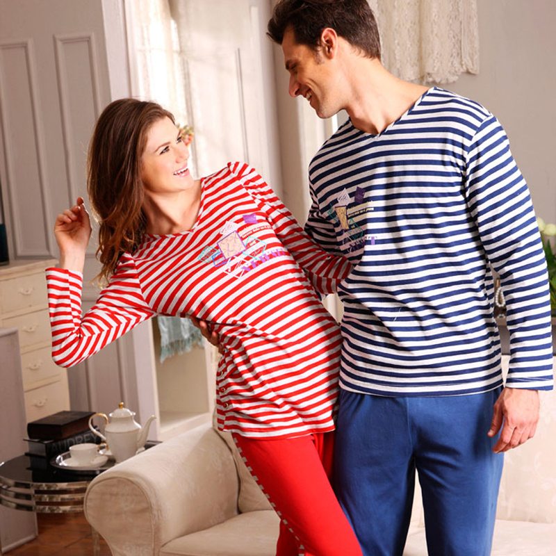 Spring and autumn 100% cotton lovers sleepwear male women's stripe casual lounge set z8