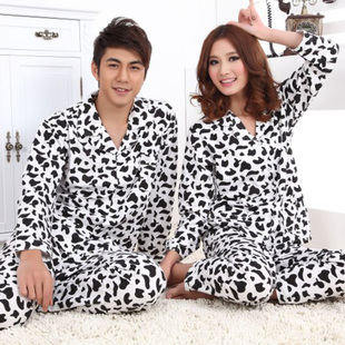 Spring and autumn 100% turn-down collar cotton long-sleeve lovers sleepwear cow male women's lounge