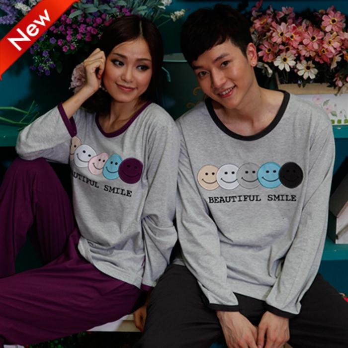 Spring and autumn 2013 men and women leisure long-sleeved 100% cotton cartoon smiling face couple 88013 free delivery pajamas