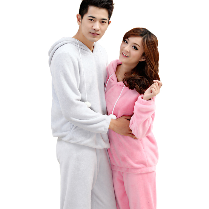 Spring and autumn at home thermal solid color coral fleece lovers sleepwear sports set with a hood pullover