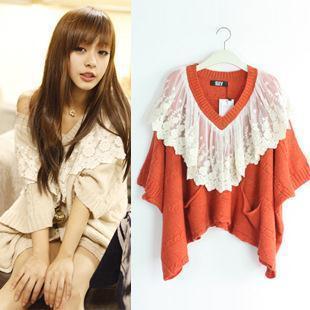 Spring and autumn batwing sleeve loose plus size cloak sweater lace decoration V-neck big sweater