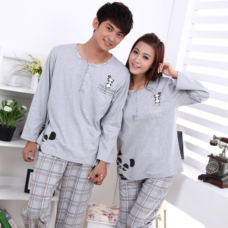 Spring and autumn cartoon long-sleeve lovers sleepwear female 100% cotton lounge male plus size set