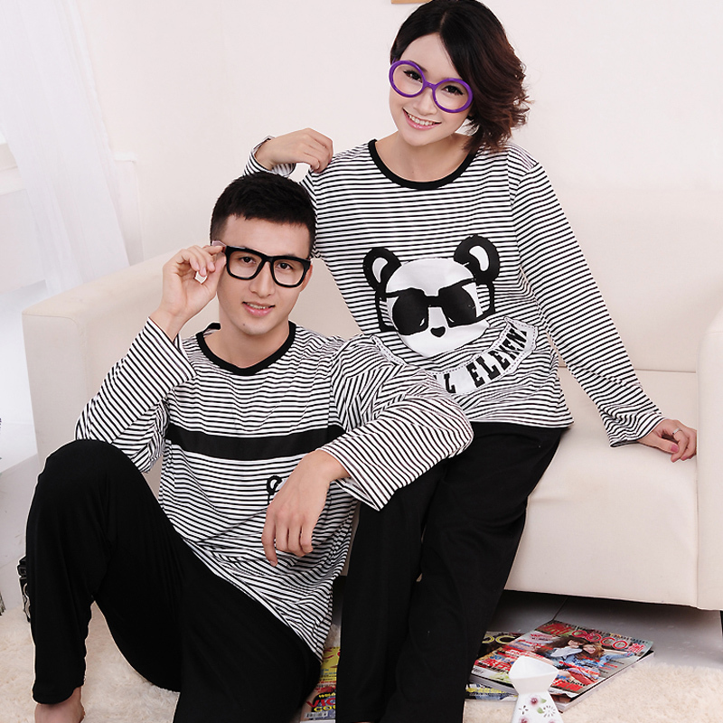 Spring and autumn cartoon panda long-sleeve lovers sleepwear knitted cotton stripe male 1519 female 1520